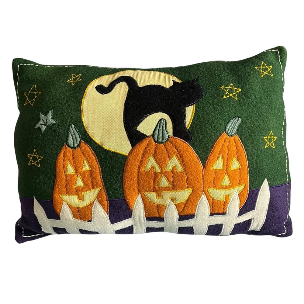 Decorative Pillow Felt Applique Pumpkins Black Cat Halloween Green 16" x 12"